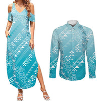 Hawaii Turquoise Kapa Couples Matching Summer Maxi Dress and Long Sleeve Button Shirt Vintage 'Ohe Kāpala Motifs Mix Plumeria Leis LT7 Turquoise - Polynesian Pride
