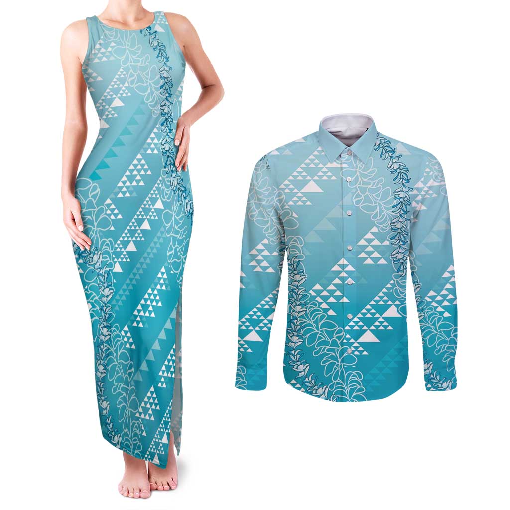 Hawaii Turquoise Kapa Couples Matching Tank Maxi Dress and Long Sleeve Button Shirt Vintage 'Ohe Kāpala Motifs Mix Plumeria Leis
