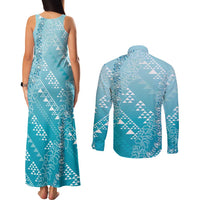 Hawaii Turquoise Kapa Couples Matching Tank Maxi Dress and Long Sleeve Button Shirt Vintage 'Ohe Kāpala Motifs Mix Plumeria Leis LT7 - Polynesian Pride