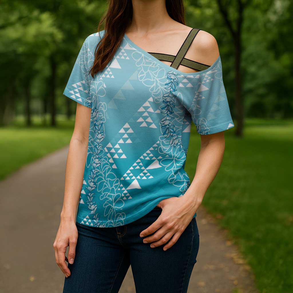 Hawaii Turquoise Kapa Cross Shoulder Shirt Vintage 'Ohe Kāpala Motifs Mix Plumeria Leis