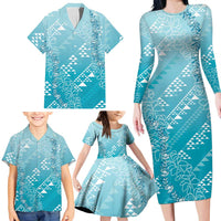 Hawaii Turquoise Kapa Family Matching Long Sleeve Bodycon Dress and Hawaiian Shirt Vintage 'Ohe Kāpala Motifs Mix Plumeria Leis LT7 - Polynesian Pride