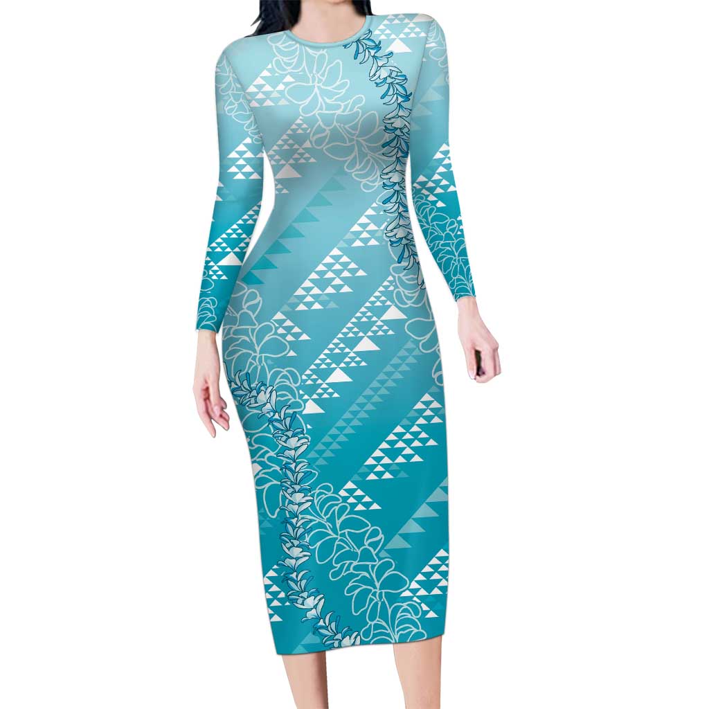 Hawaii Turquoise Kapa Family Matching Long Sleeve Bodycon Dress and Hawaiian Shirt Vintage 'Ohe Kāpala Motifs Mix Plumeria Leis LT7 Mom's Dress Turquoise - Polynesian Pride