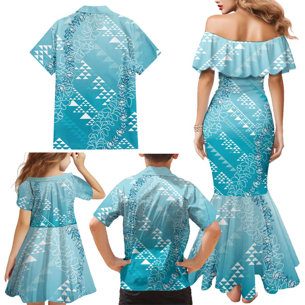 Hawaii Turquoise Kapa Family Matching Mermaid Dress and Hawaiian Shirt Vintage 'Ohe Kāpala Motifs Mix Plumeria Leis LT7 - Polynesian Pride