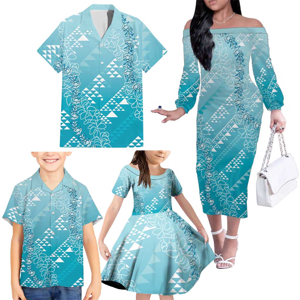 Hawaii Turquoise Kapa Family Matching Off The Shoulder Long Sleeve Dress and Hawaiian Shirt Vintage 'Ohe Kāpala Motifs Mix Plumeria Leis LT7 - Polynesian Pride