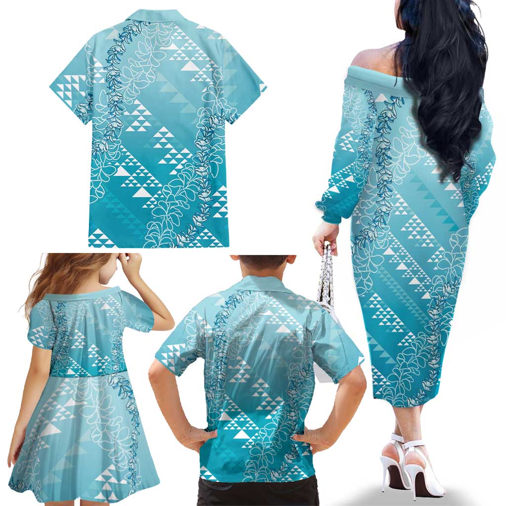 Hawaii Turquoise Kapa Family Matching Off The Shoulder Long Sleeve Dress and Hawaiian Shirt Vintage 'Ohe Kāpala Motifs Mix Plumeria Leis LT7 - Polynesian Pride