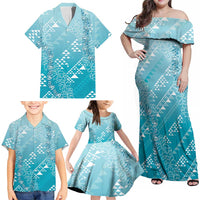 Hawaii Turquoise Kapa Family Matching Off Shoulder Maxi Dress and Hawaiian Shirt Vintage 'Ohe Kāpala Motifs Mix Plumeria Leis LT7 - Polynesian Pride