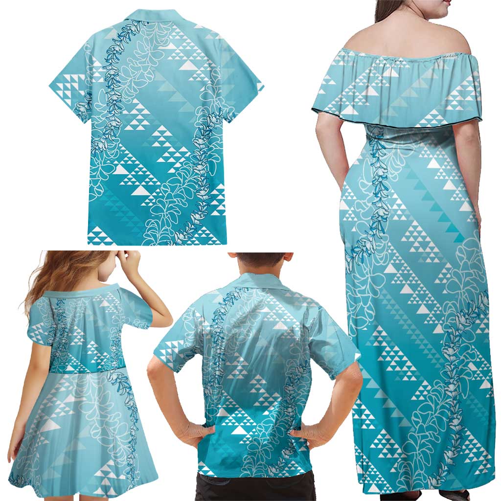 Hawaii Turquoise Kapa Family Matching Off Shoulder Maxi Dress and Hawaiian Shirt Vintage 'Ohe Kāpala Motifs Mix Plumeria Leis LT7 - Polynesian Pride