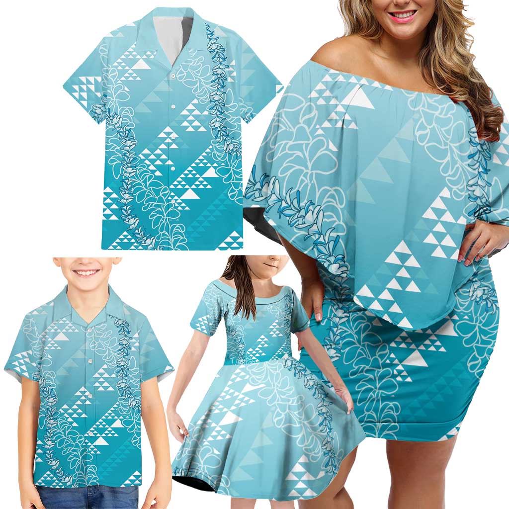 Hawaii Turquoise Kapa Family Matching Off Shoulder Short Dress and Hawaiian Shirt Vintage 'Ohe Kāpala Motifs Mix Plumeria Leis LT7 - Polynesian Pride