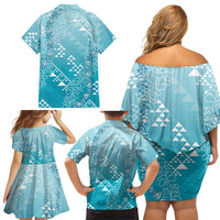 Hawaii Turquoise Kapa Family Matching Off Shoulder Short Dress and Hawaiian Shirt Vintage 'Ohe Kāpala Motifs Mix Plumeria Leis LT7 - Polynesian Pride