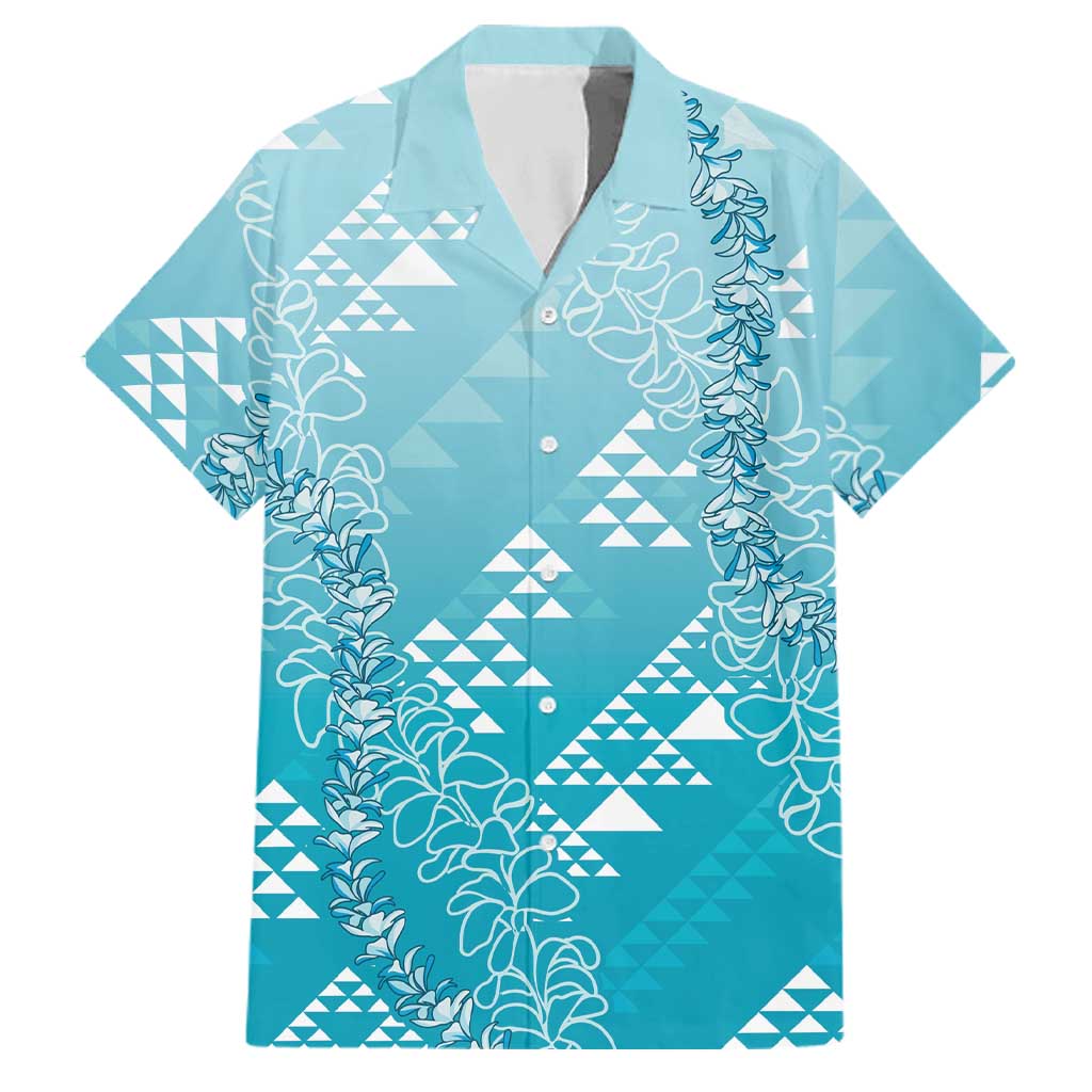 Hawaii Turquoise Kapa Family Matching Off Shoulder Short Dress and Hawaiian Shirt Vintage 'Ohe Kāpala Motifs Mix Plumeria Leis LT7 Dad's Shirt - Short Sleeve Turquoise - Polynesian Pride