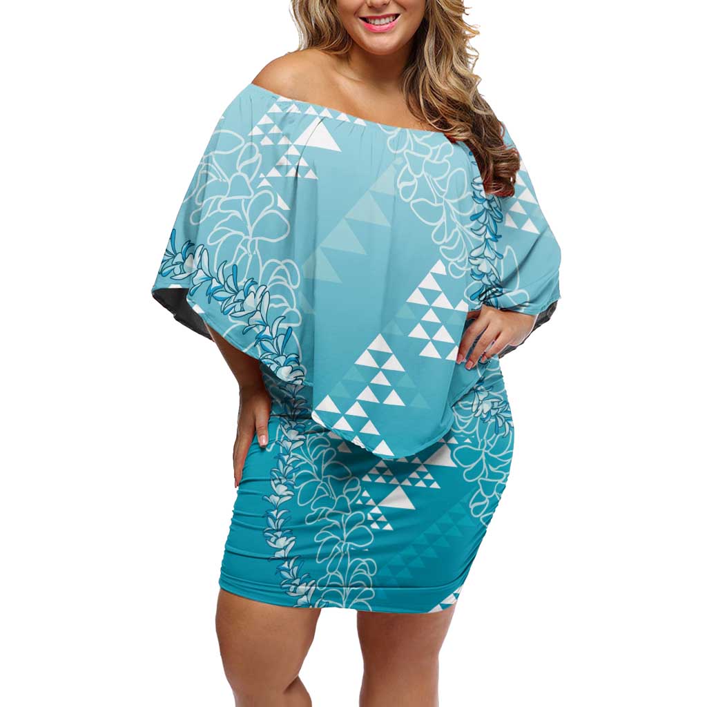 Hawaii Turquoise Kapa Family Matching Off Shoulder Short Dress and Hawaiian Shirt Vintage 'Ohe Kāpala Motifs Mix Plumeria Leis LT7 Mom's Dress Turquoise - Polynesian Pride