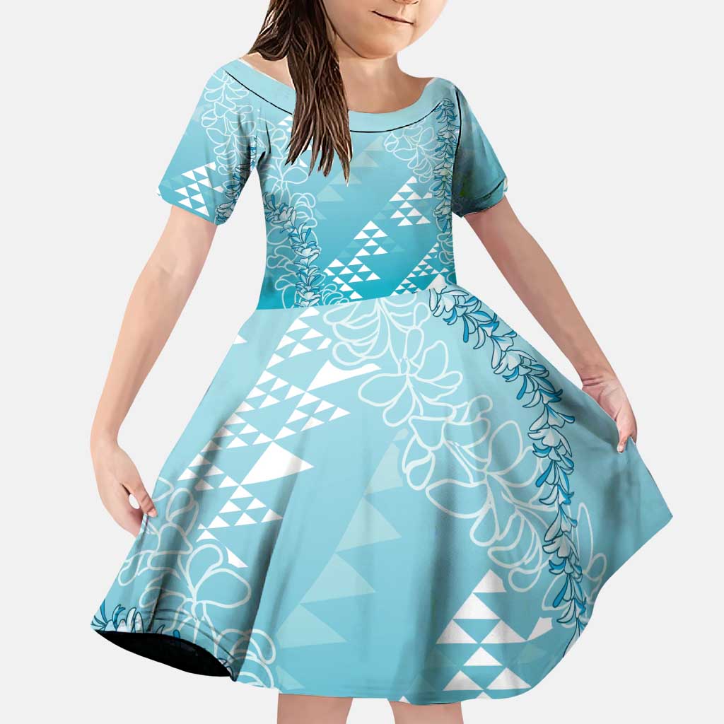 Hawaii Turquoise Kapa Family Matching Puletasi and Hawaiian Shirt Vintage 'Ohe Kāpala Motifs Mix Plumeria Leis LT7 Daughter's Dress Turquoise - Polynesian Pride