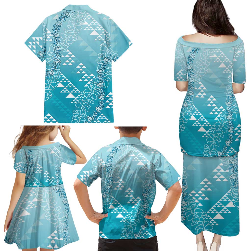 Hawaii Turquoise Kapa Family Matching Puletasi and Hawaiian Shirt Vintage 'Ohe Kāpala Motifs Mix Plumeria Leis LT7 - Polynesian Pride
