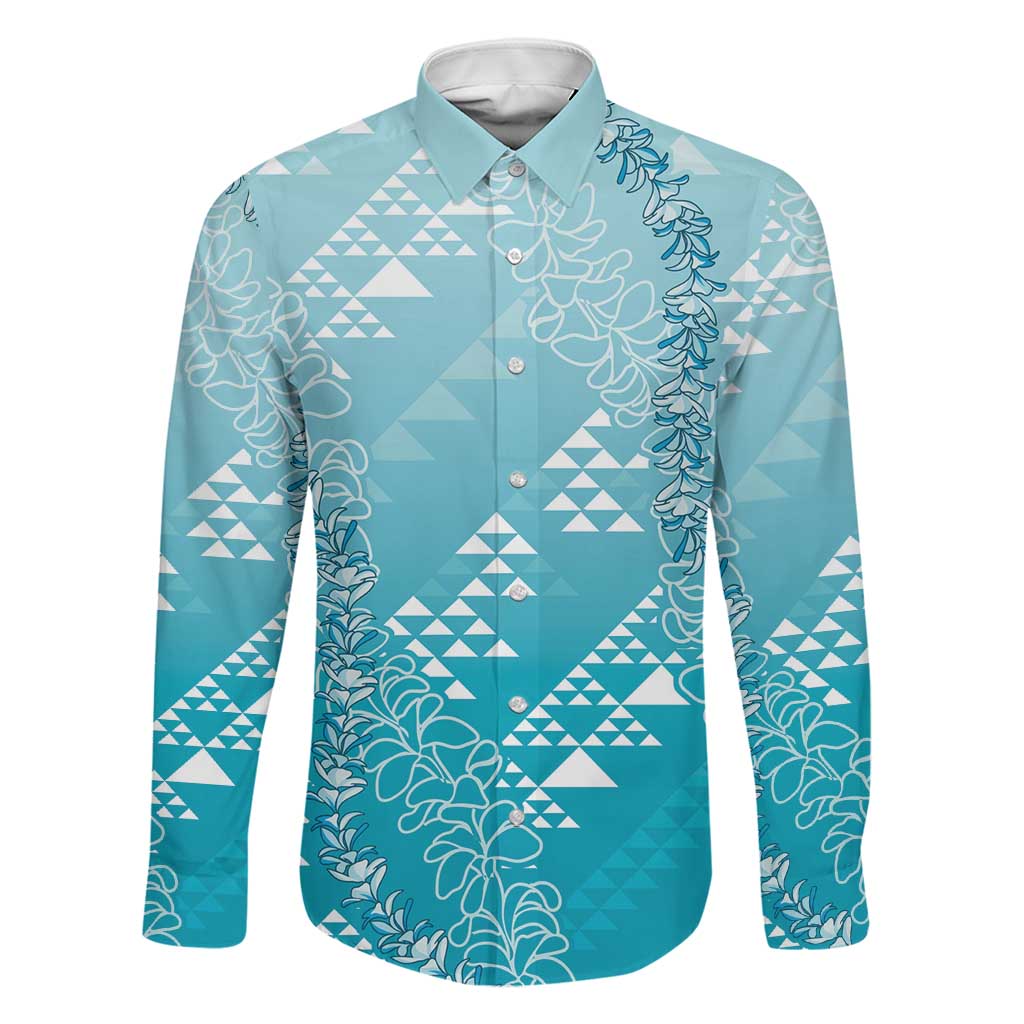 Hawaii Turquoise Kapa Family Matching Puletasi and Hawaiian Shirt Vintage 'Ohe Kāpala Motifs Mix Plumeria Leis LT7 Dad's Shirt - Long Sleeve Turquoise - Polynesian Pride