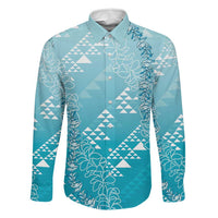 Hawaii Turquoise Kapa Family Matching Puletasi and Hawaiian Shirt Vintage 'Ohe Kāpala Motifs Mix Plumeria Leis LT7 Dad's Shirt - Long Sleeve Turquoise - Polynesian Pride