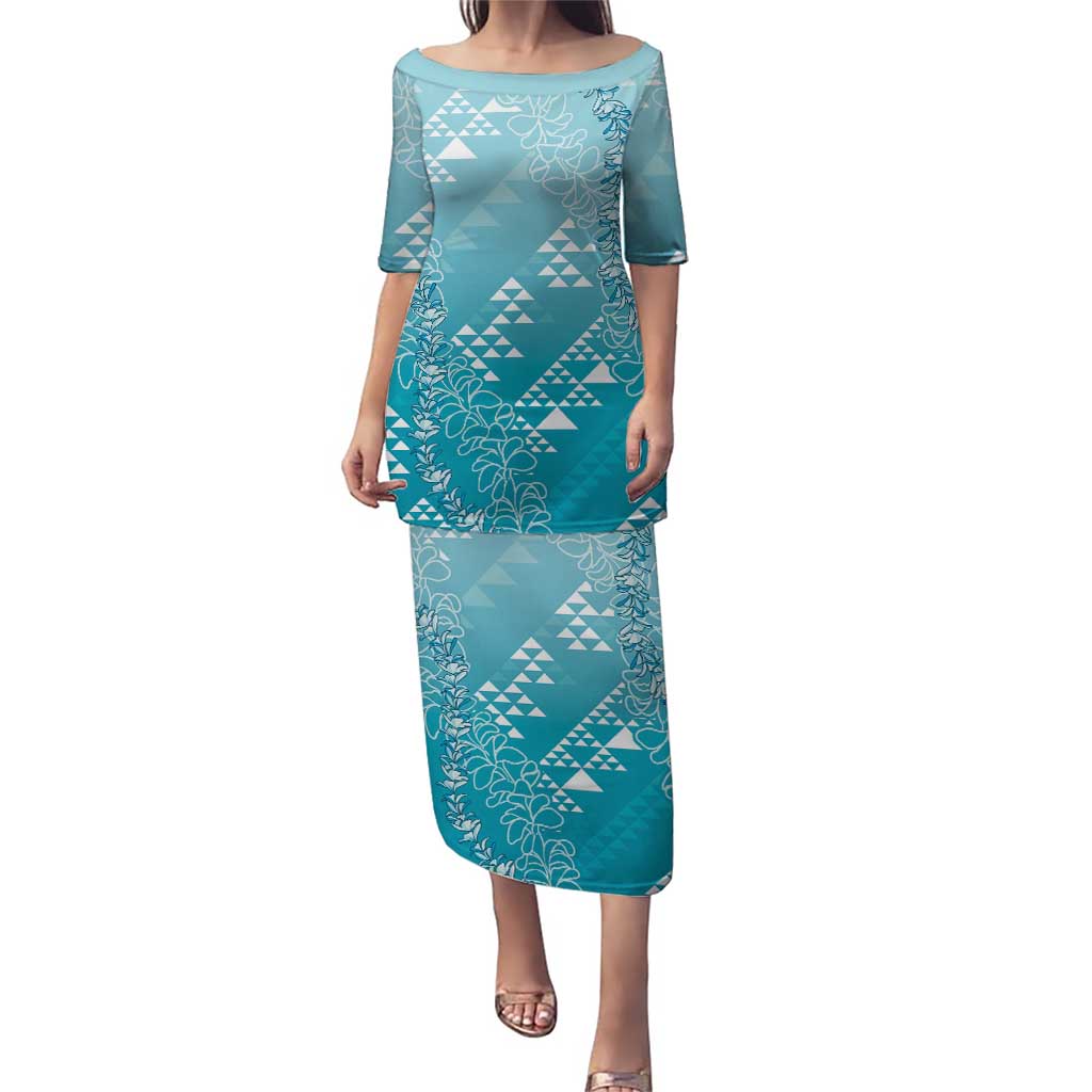 Hawaii Turquoise Kapa Family Matching Puletasi and Hawaiian Shirt Vintage 'Ohe Kāpala Motifs Mix Plumeria Leis LT7 Mom's Dress Turquoise - Polynesian Pride