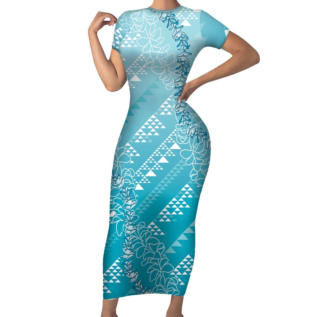 Hawaii Turquoise Kapa Family Matching Short Sleeve Bodycon Dress and Hawaiian Shirt Vintage 'Ohe Kāpala Motifs Mix Plumeria Leis LT7 Mom's Dress Turquoise - Polynesian Pride