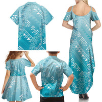Hawaii Turquoise Kapa Family Matching Summer Maxi Dress and Hawaiian Shirt Vintage 'Ohe Kāpala Motifs Mix Plumeria Leis LT7 - Polynesian Pride