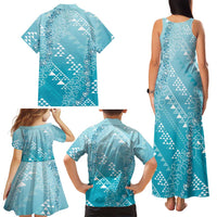 Hawaii Turquoise Kapa Family Matching Tank Maxi Dress and Hawaiian Shirt Vintage 'Ohe Kāpala Motifs Mix Plumeria Leis LT7 - Polynesian Pride