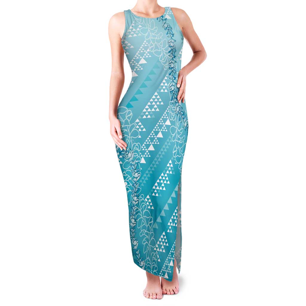 Hawaii Turquoise Kapa Family Matching Tank Maxi Dress and Hawaiian Shirt Vintage 'Ohe Kāpala Motifs Mix Plumeria Leis LT7 Mom's Dress Turquoise - Polynesian Pride