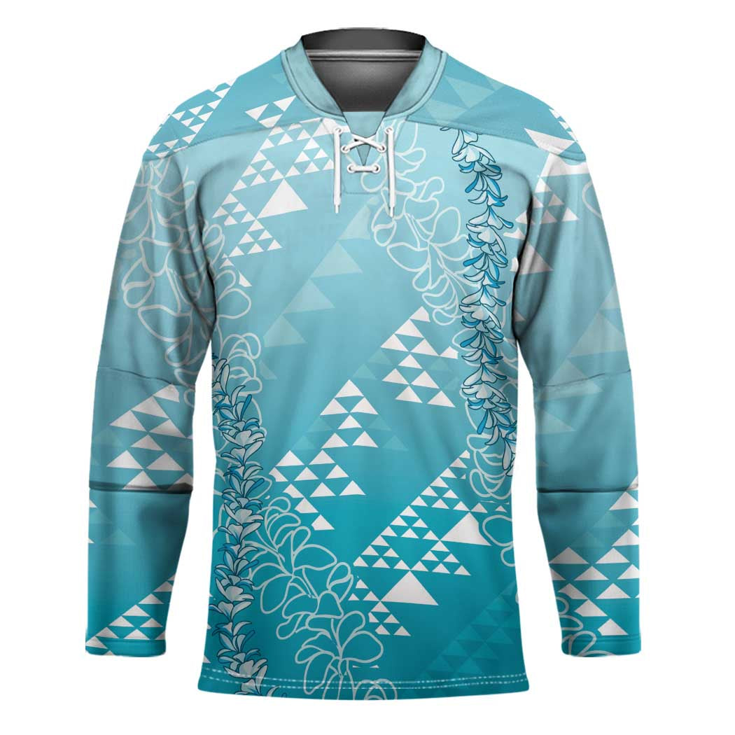 Hawaii Turquoise Kapa Hockey Jersey Vintage 'Ohe Kāpala Motifs Mix Plumeria Leis