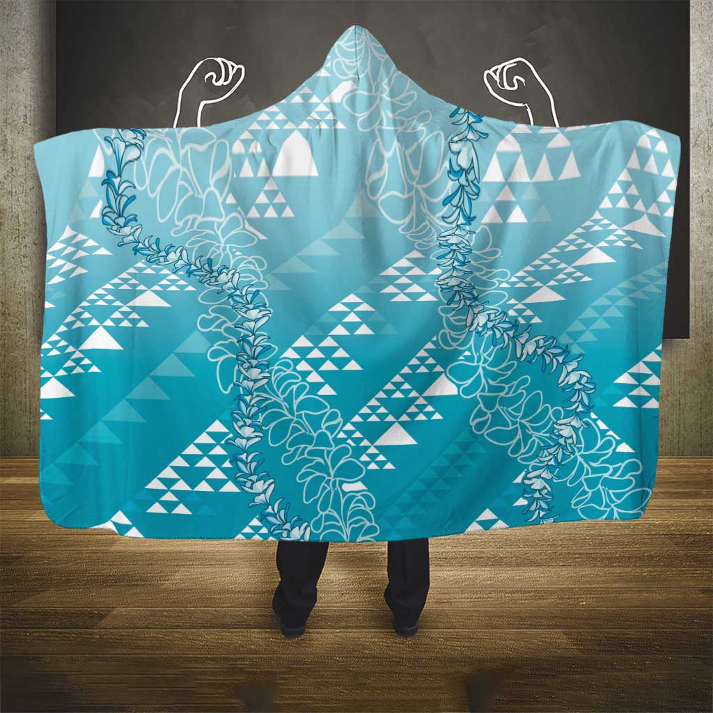 Hawaii Turquoise Kapa Hooded Blanket Vintage 'Ohe Kāpala Motifs Mix Plumeria Leis