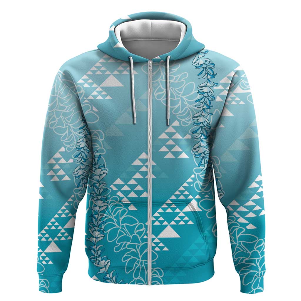 Hawaii Turquoise Kapa Hoodie Vintage 'Ohe Kāpala Motifs Mix Plumeria Leis