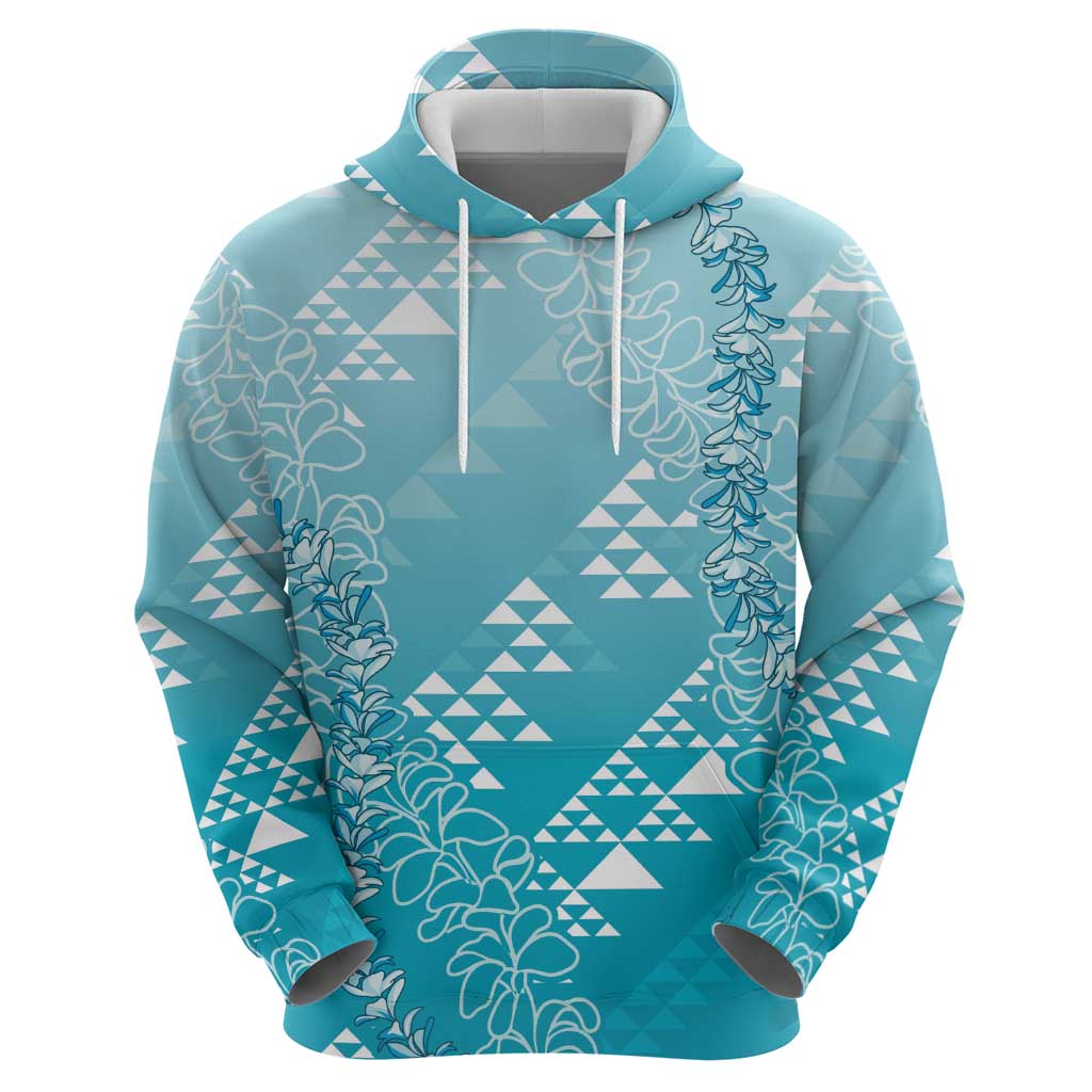 Hawaii Turquoise Kapa Hoodie Vintage 'Ohe Kāpala Motifs Mix Plumeria Leis