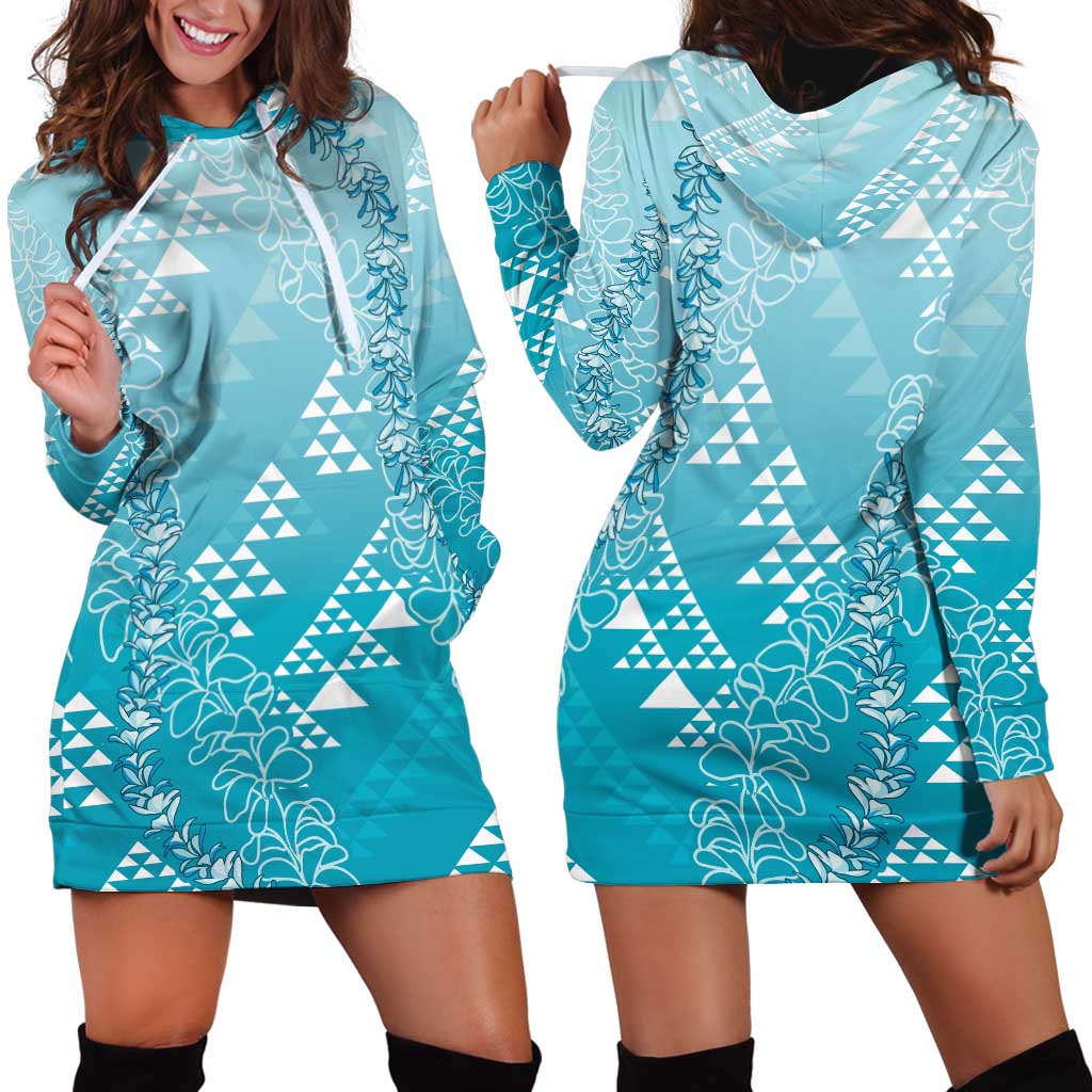 Hawaii Turquoise Kapa Hoodie Dress Vintage 'Ohe Kāpala Motifs Mix Plumeria Leis LT7 - Polynesian Pride