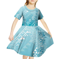 Hawaii Turquoise Kapa Kid Short Sleeve Dress Vintage 'Ohe Kāpala Motifs Mix Plumeria Leis