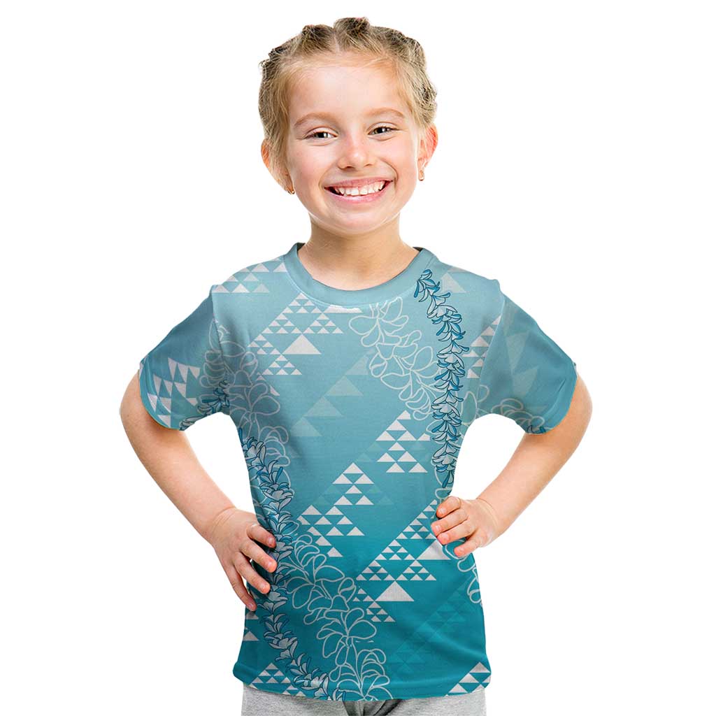Hawaii Turquoise Kapa Kid T Shirt Vintage 'Ohe Kāpala Motifs Mix Plumeria Leis