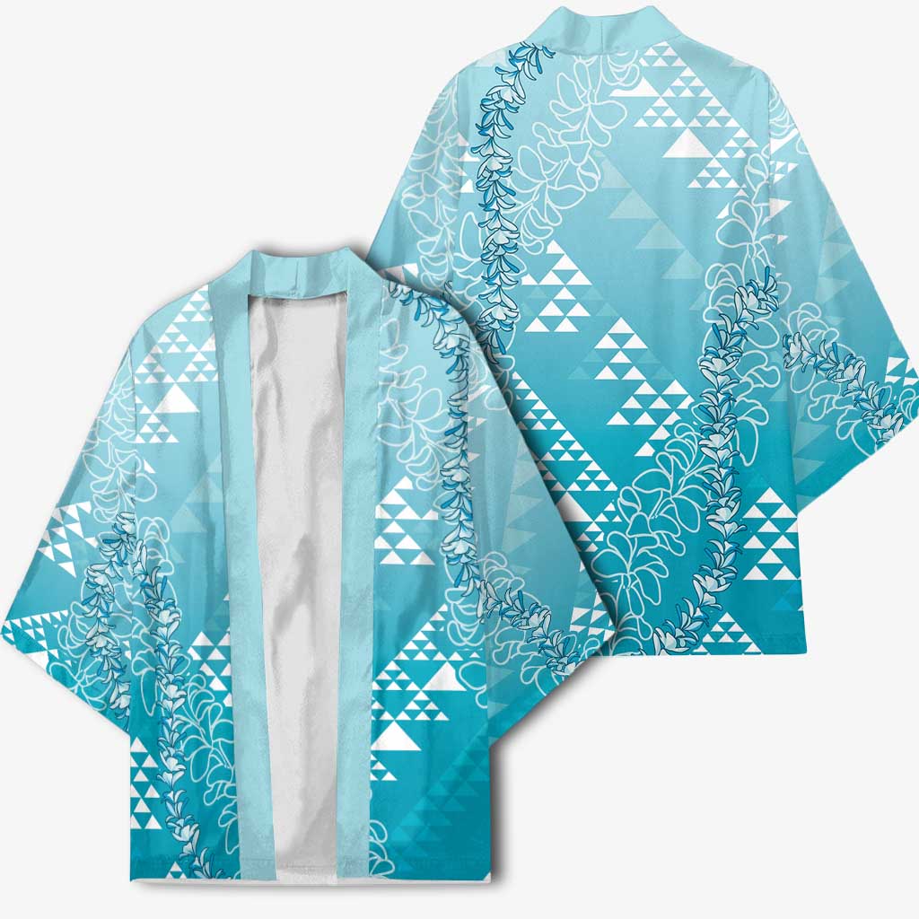 Hawaii Turquoise Kapa Kimono Vintage 'Ohe Kāpala Motifs Mix Plumeria Leis