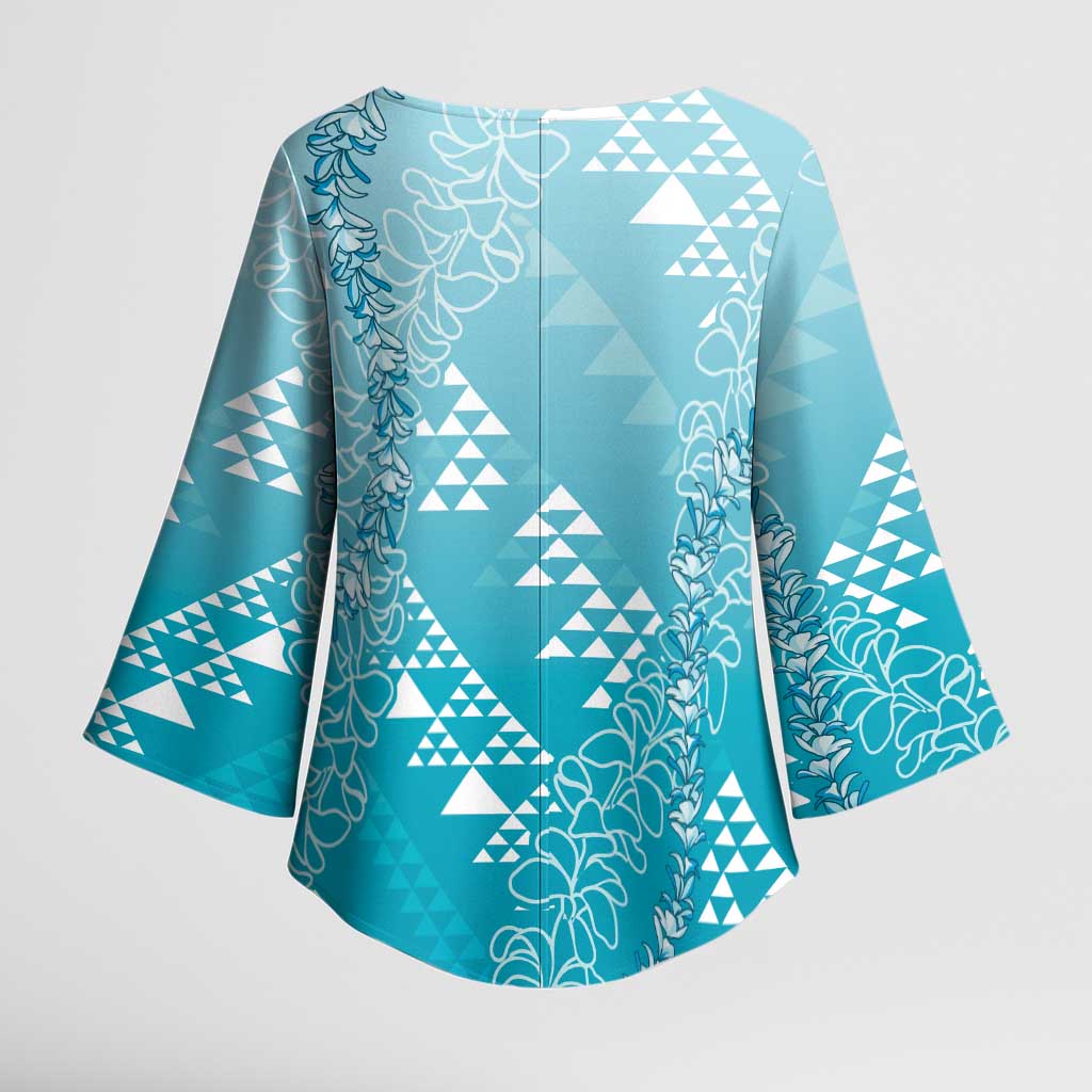 Hawaii Turquoise Kapa Kimono Sleeve Blouse Vintage 'Ohe Kāpala Motifs Mix Plumeria Leis