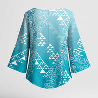 Hawaii Turquoise Kapa Kimono Sleeve Blouse Vintage 'Ohe Kāpala Motifs Mix Plumeria Leis