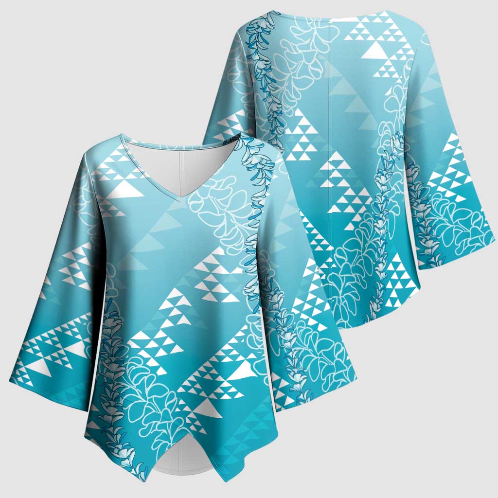Hawaii Turquoise Kapa Kimono Sleeve Blouse Vintage 'Ohe Kāpala Motifs Mix Plumeria Leis