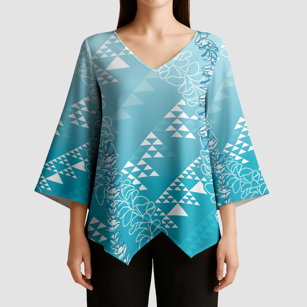 Hawaii Turquoise Kapa Kimono Sleeve Blouse Vintage 'Ohe Kāpala Motifs Mix Plumeria Leis