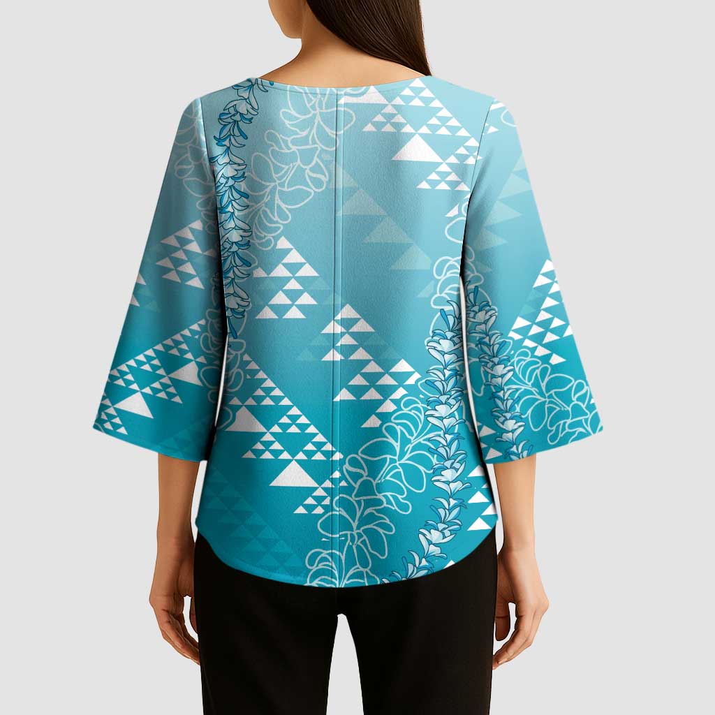 Hawaii Turquoise Kapa Kimono Sleeve Blouse Vintage 'Ohe Kāpala Motifs Mix Plumeria Leis