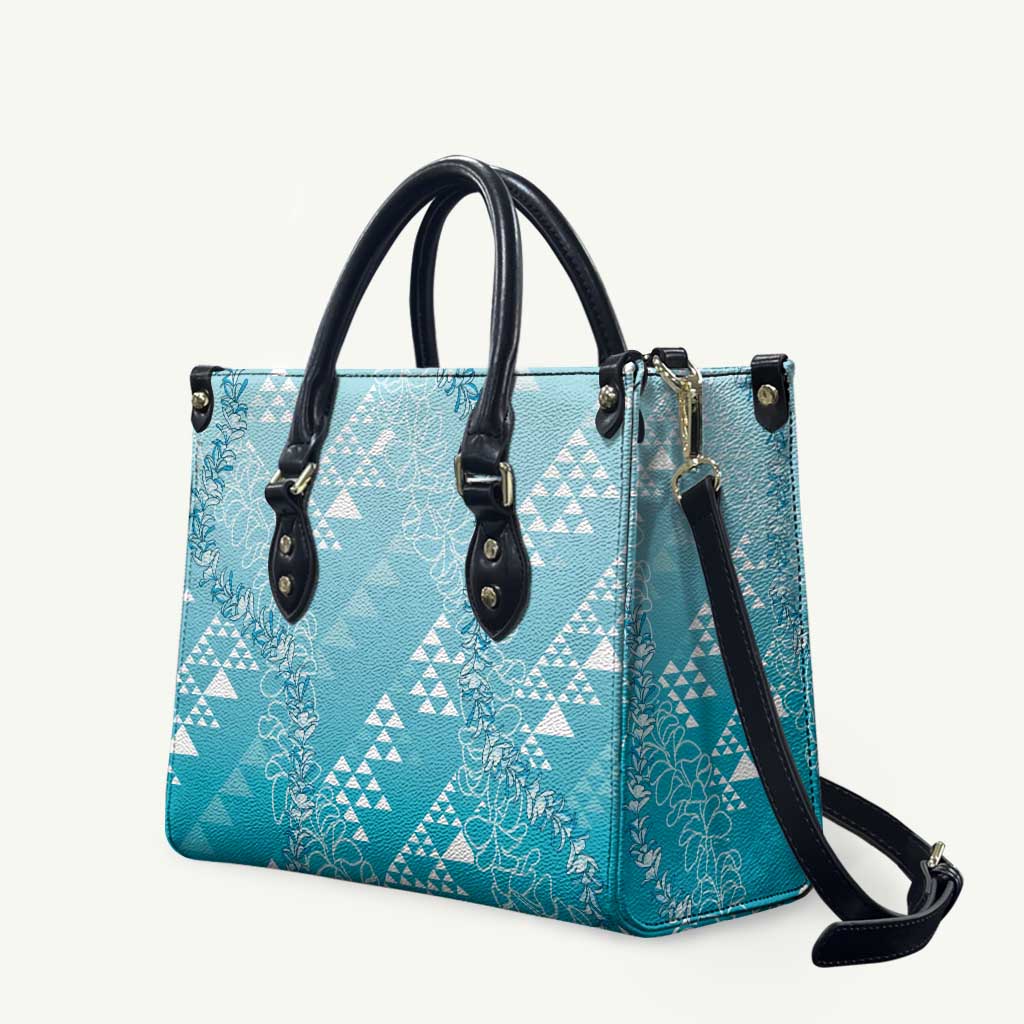 Hawaii Turquoise Kapa Leather Bag Vintage 'Ohe Kāpala Motifs Mix Plumeria Leis