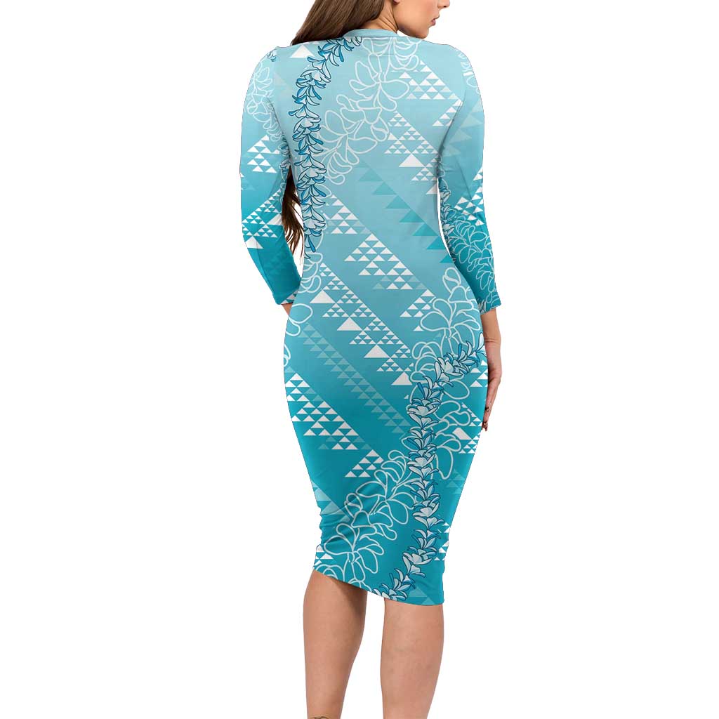 Hawaii Turquoise Kapa Long Sleeve Bodycon Dress Vintage 'Ohe Kāpala Motifs Mix Plumeria Leis