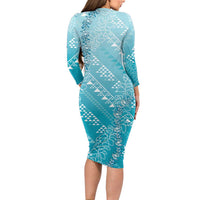 Hawaii Turquoise Kapa Long Sleeve Bodycon Dress Vintage 'Ohe Kāpala Motifs Mix Plumeria Leis