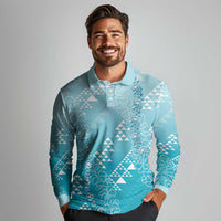 Hawaii Turquoise Kapa Long Sleeve Polo Shirt Vintage 'Ohe Kāpala Motifs Mix Plumeria Leis
