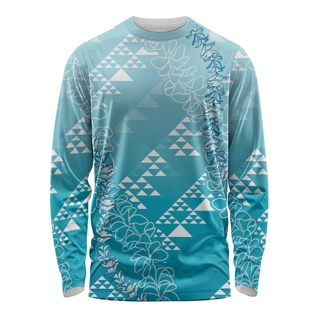 Hawaii Turquoise Kapa Long Sleeve Shirt Vintage 'Ohe Kāpala Motifs Mix Plumeria Leis