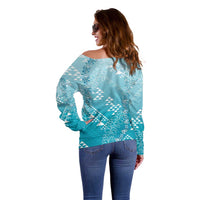 Hawaii Turquoise Kapa Off Shoulder Sweater Vintage 'Ohe Kāpala Motifs Mix Plumeria Leis