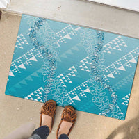 Hawaii Turquoise Kapa Rubber Doormat Vintage 'Ohe Kāpala Motifs Mix Plumeria Leis