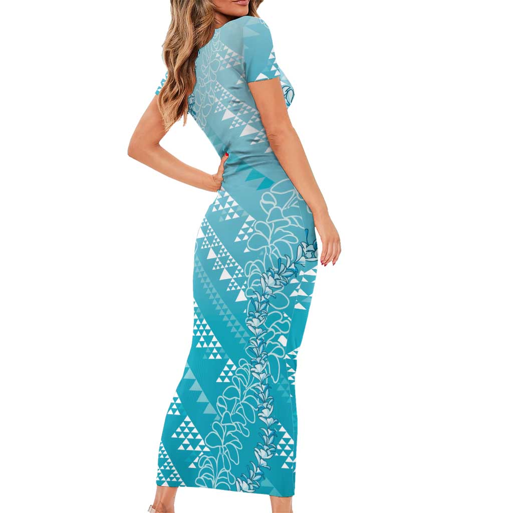 Hawaii Turquoise Kapa Short Sleeve Bodycon Dress Vintage 'Ohe Kāpala Motifs Mix Plumeria Leis
