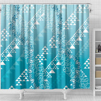 Hawaii Turquoise Kapa Shower Curtain Vintage 'Ohe Kāpala Motifs Mix Plumeria Leis