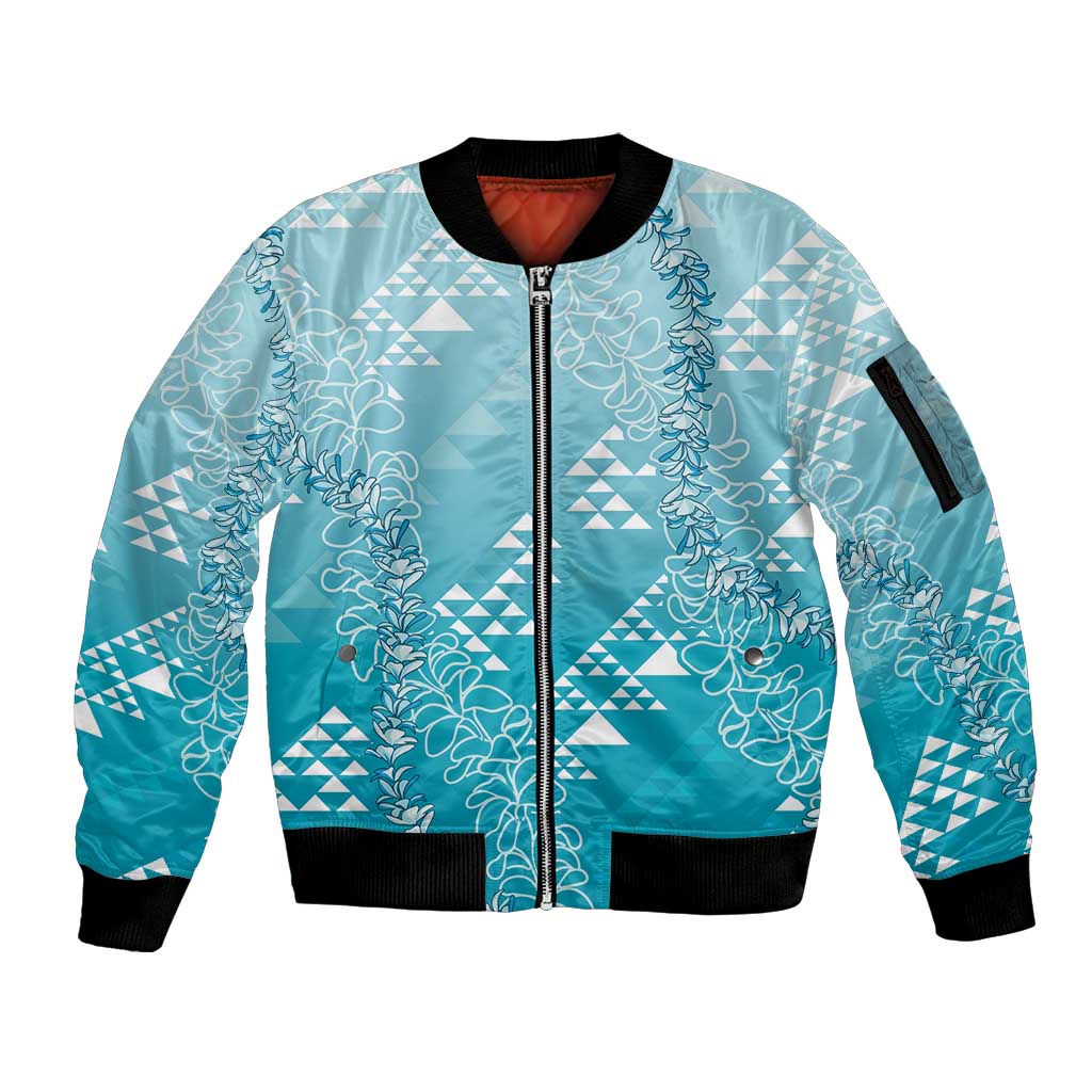 Hawaii Turquoise Kapa Sleeve Zip Bomber Jacket Vintage 'Ohe Kāpala Motifs Mix Plumeria Leis