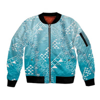 Hawaii Turquoise Kapa Sleeve Zip Bomber Jacket Vintage 'Ohe Kāpala Motifs Mix Plumeria Leis