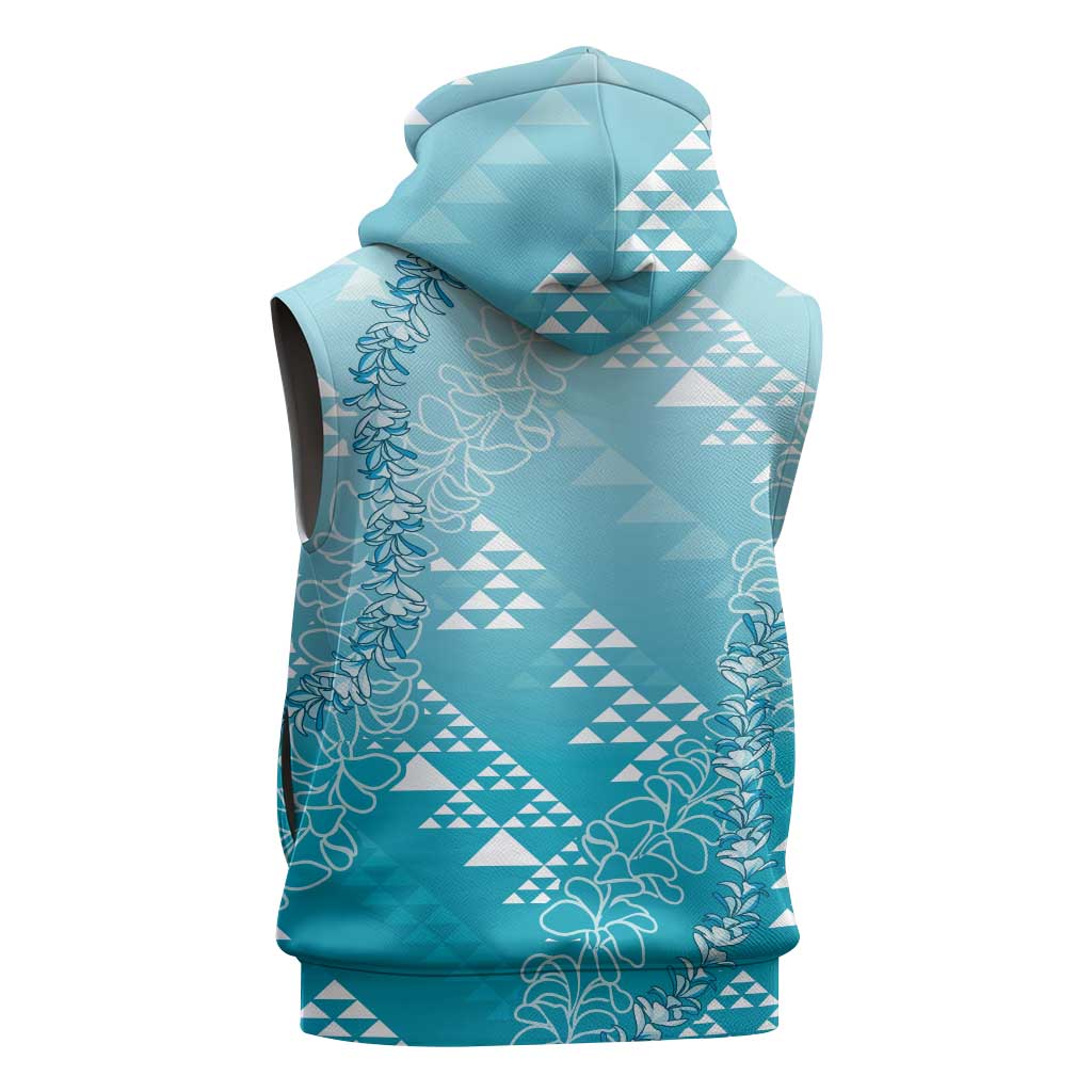 Hawaii Turquoise Kapa Sleeveless Hoodie Vintage 'Ohe Kāpala Motifs Mix Plumeria Leis