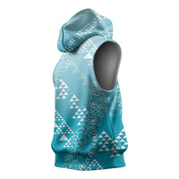 Hawaii Turquoise Kapa Sleeveless Hoodie Vintage 'Ohe Kāpala Motifs Mix Plumeria Leis